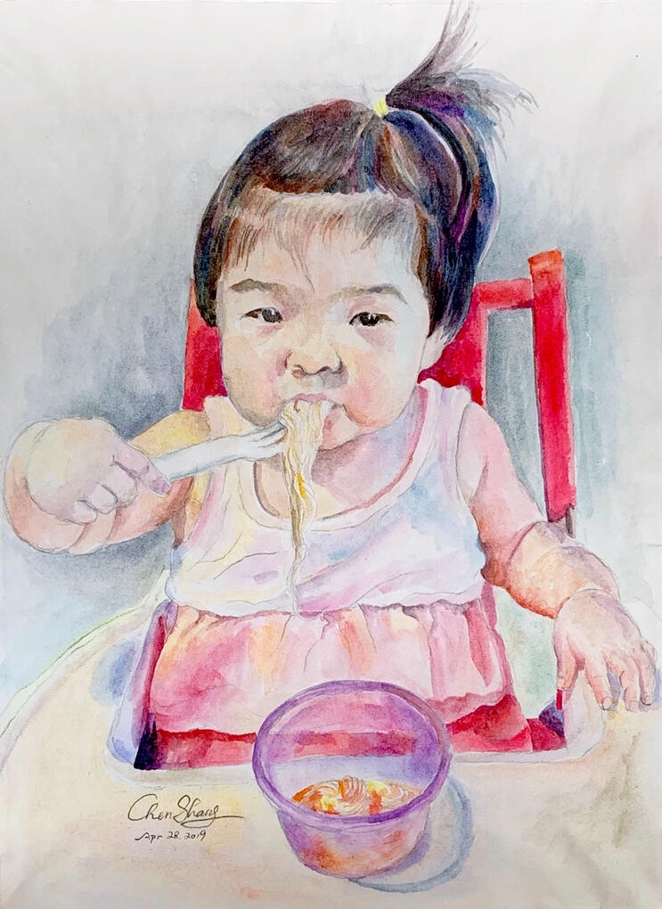 A Girl Eating Noodles 2019 7x9in Watercolor on paper Not for sale
